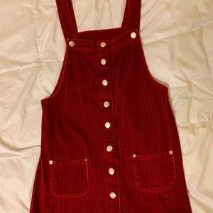 Red corduroy overall button-up dress